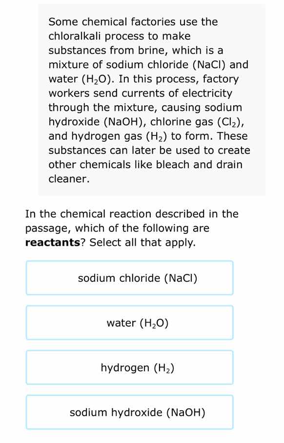 some chemical factories use the chloralkali process to make substances …