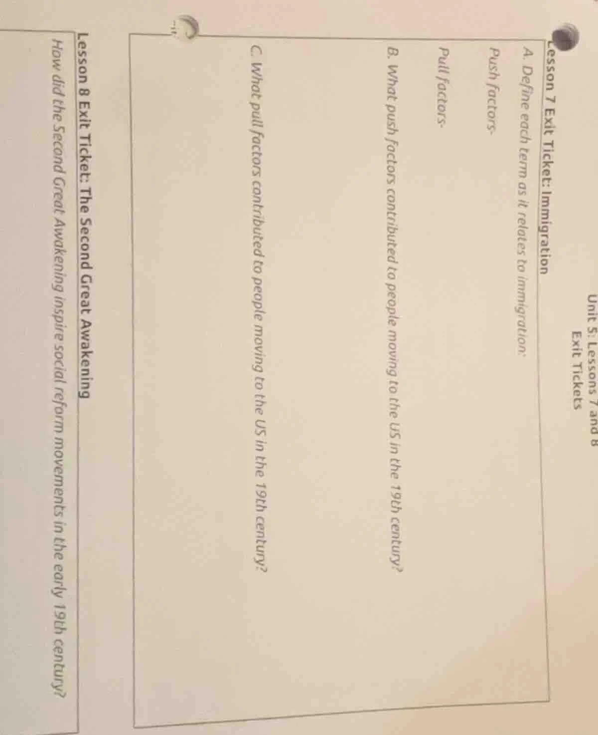 unit 5: lessons 7 and 8 exit tickets lesson 7 exit ticket: immigration …