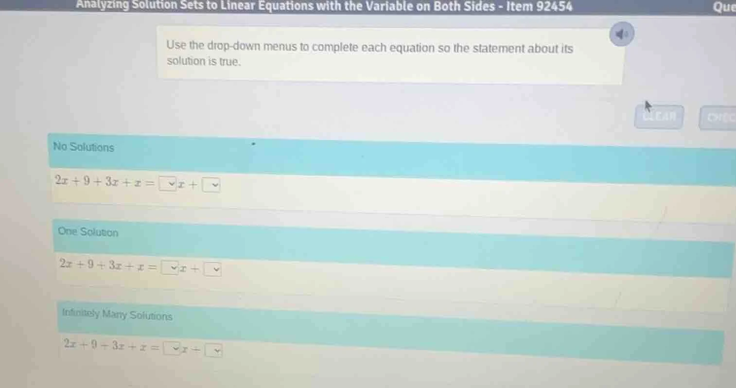 analyzing solution sets to linear equations with the variable on both s…