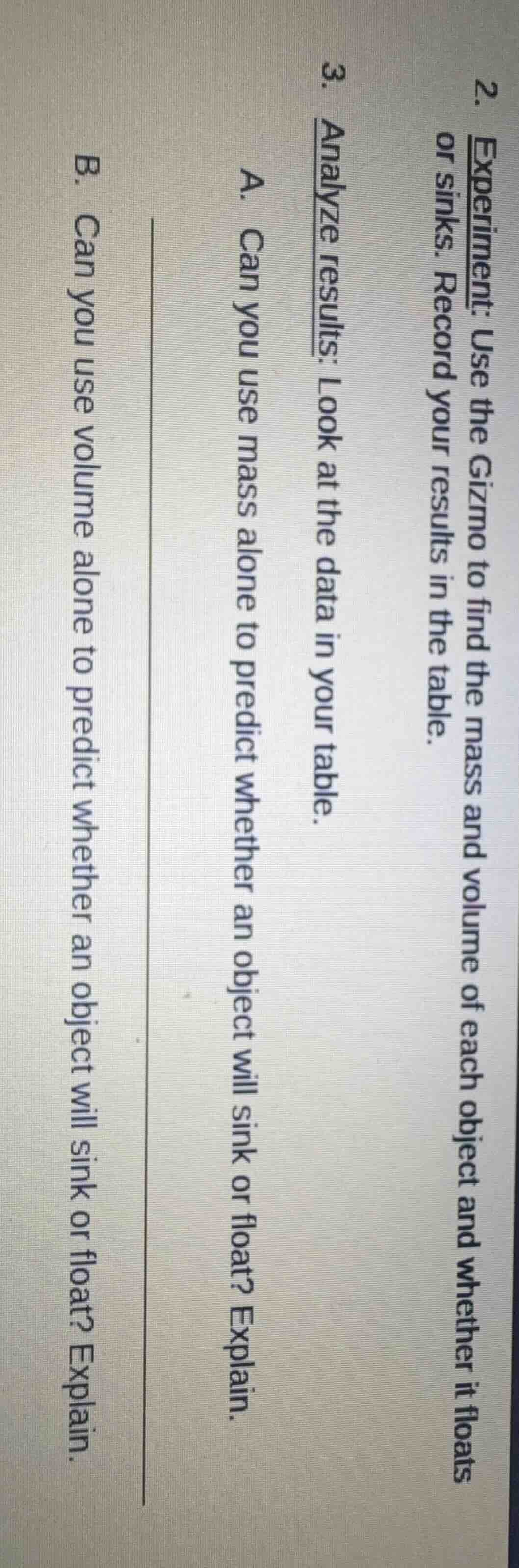 2. experiment: use the gizmo to find the mass and volume of each object…