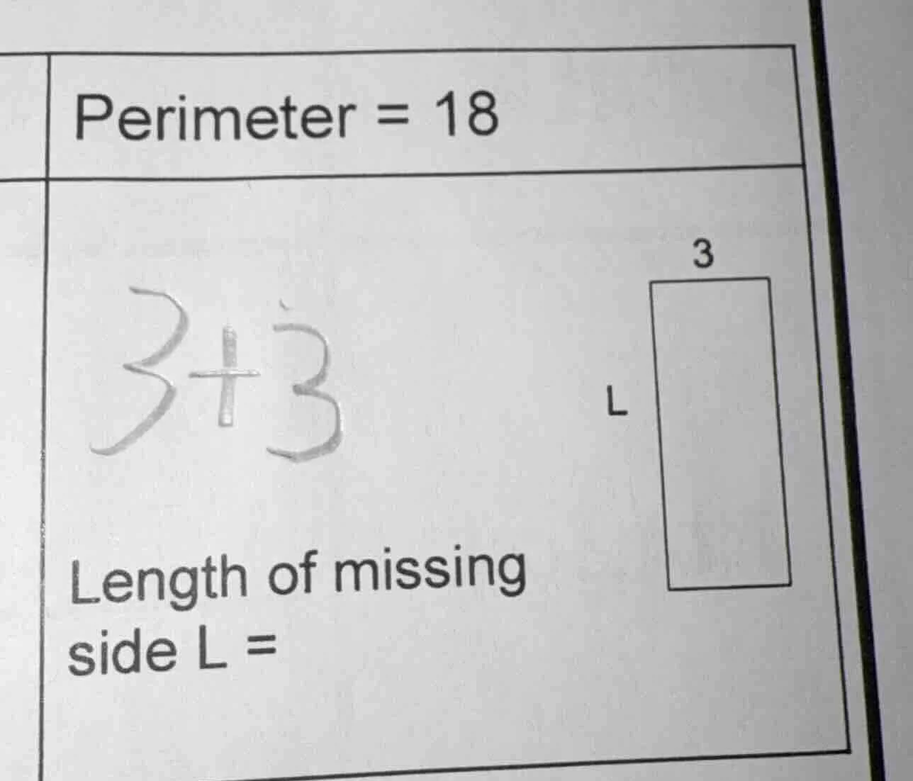 perimeter = 18 3+3 length of missing side l = (rectangle with width 3 a…