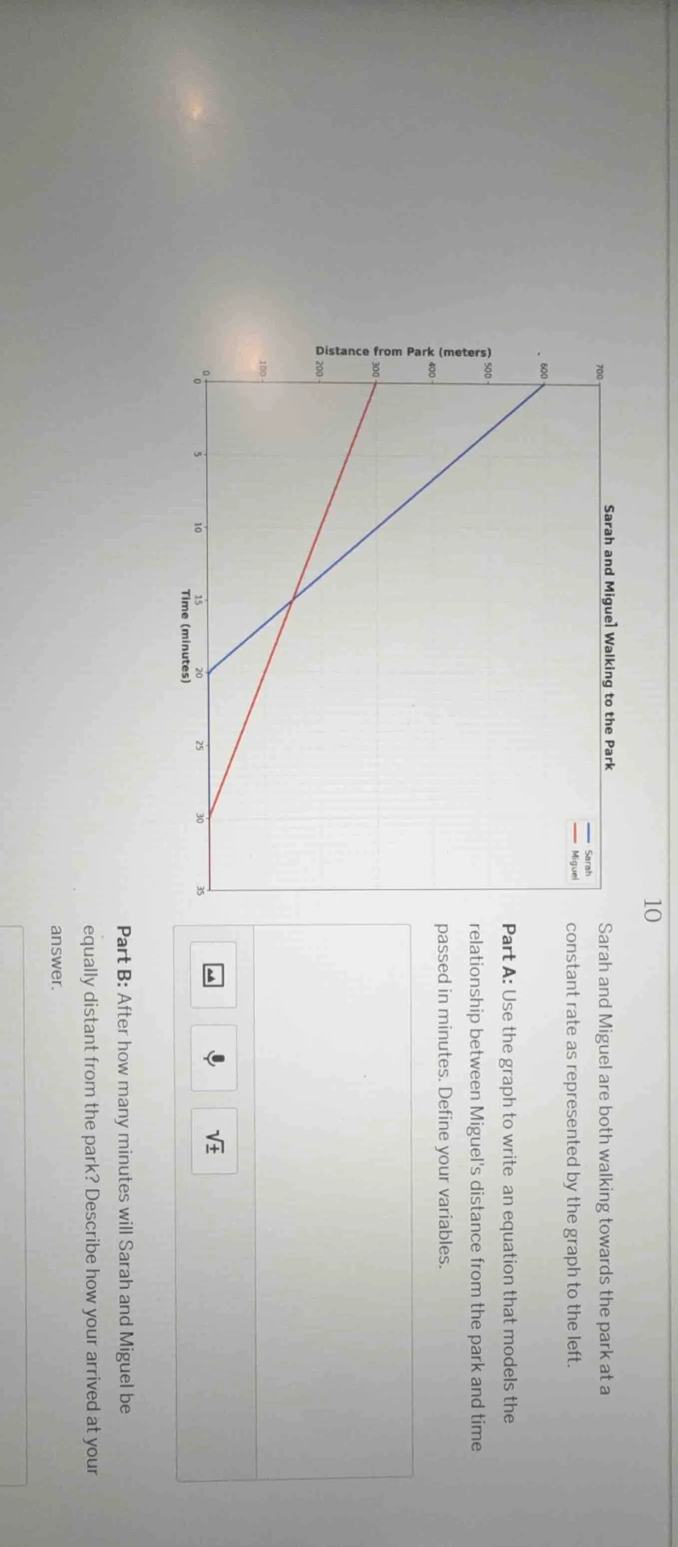 sarah and miguel are both walking towards the park at a constant rate a…
