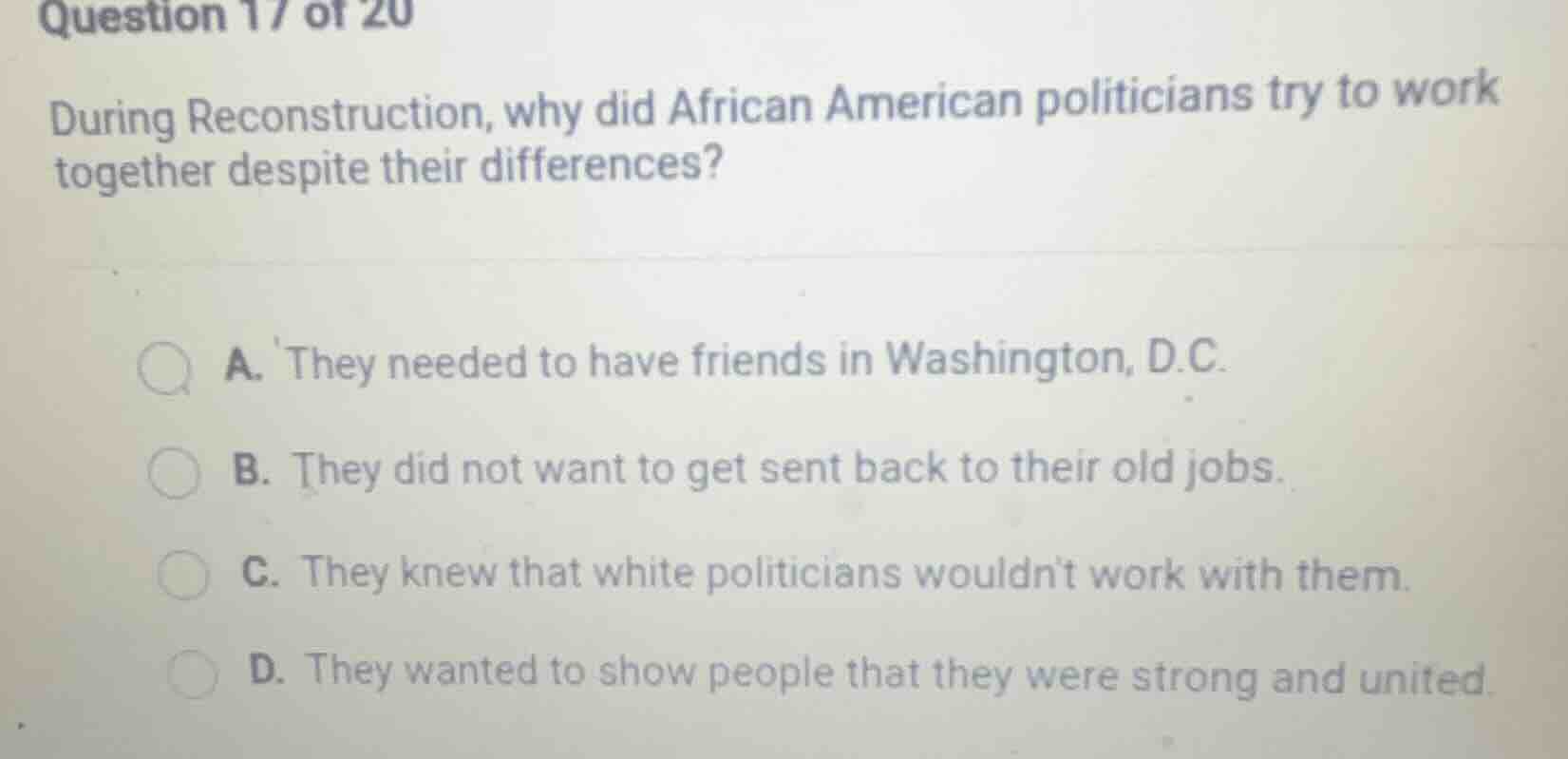 question 17 of 20 during reconstruction, why did african american polit…