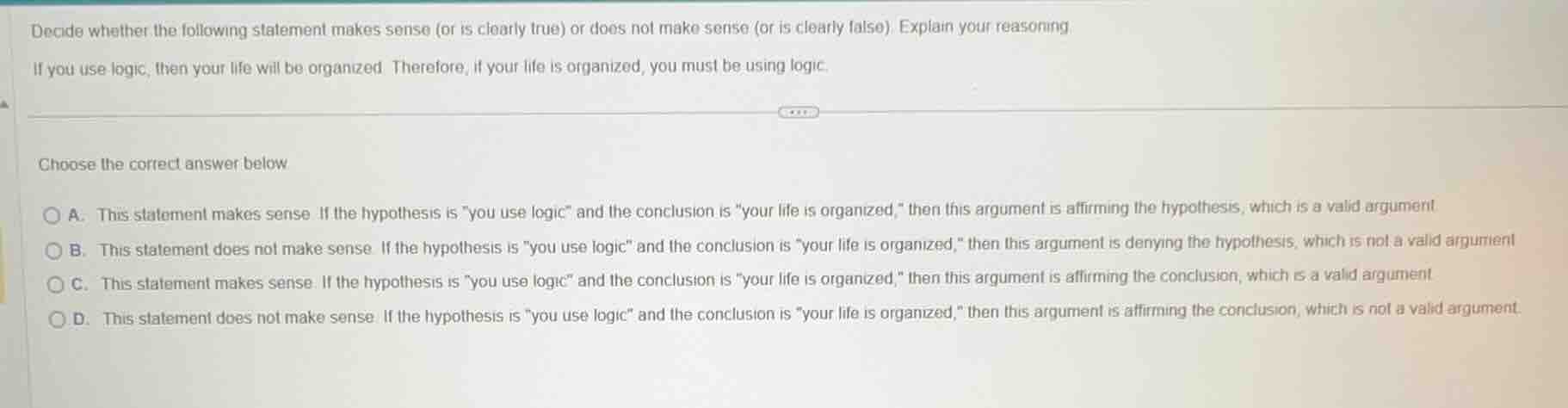 decide whether the following statement makes sense (or is clearly true)…