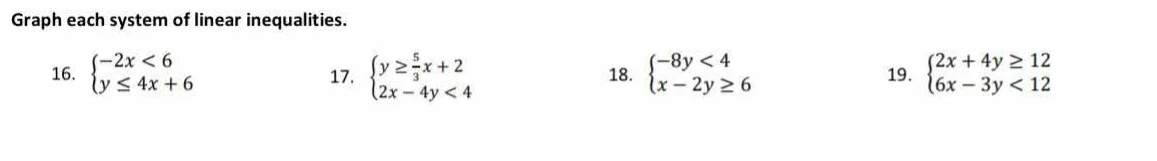 graph each system of linear inequalities. 16. \\(\\begin{cases} -2x < 6…