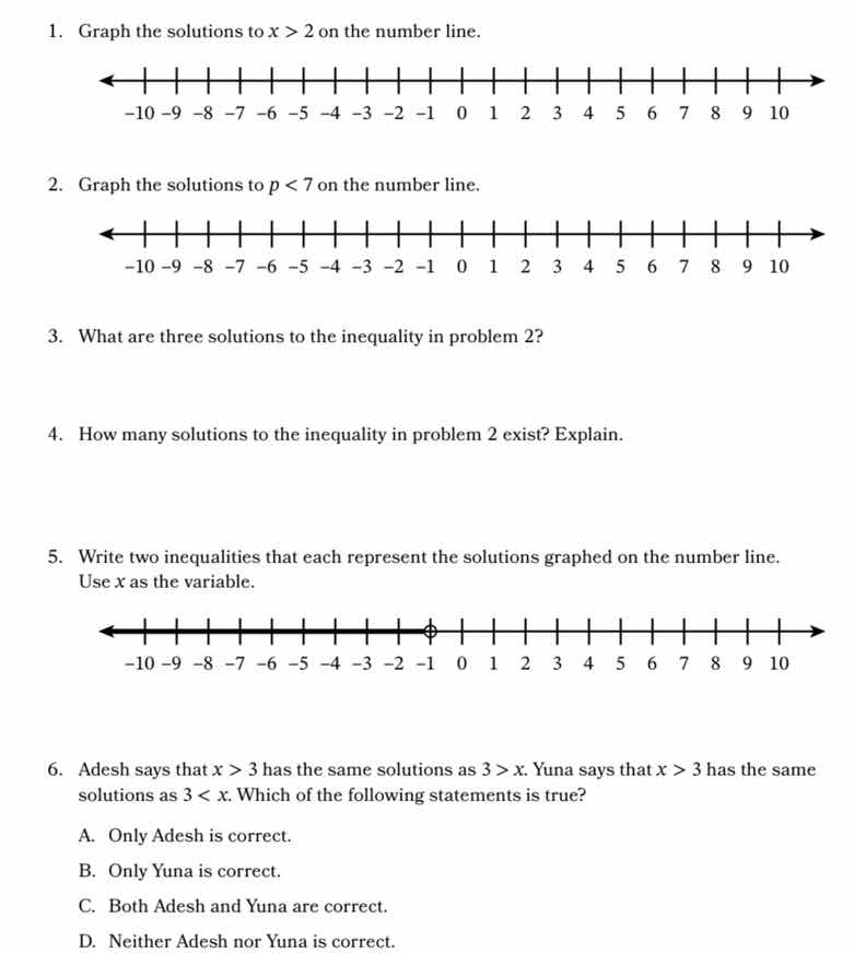1. graph the solutions to $x > 2$ on the number line. <number line imag…