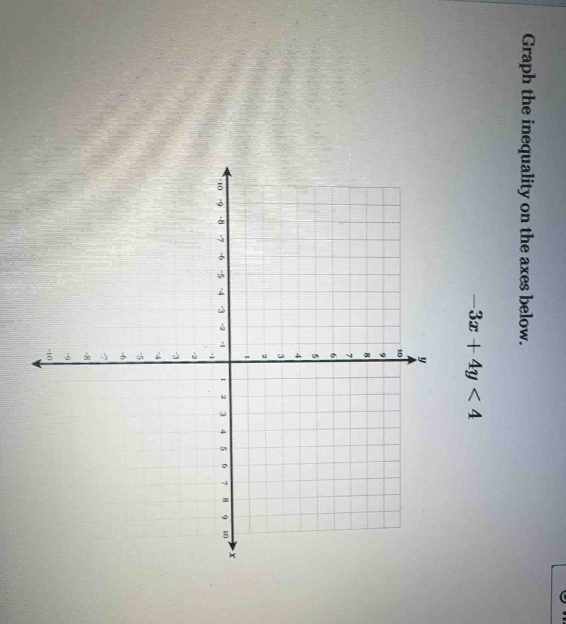 graph the inequality on the axes below. $-3x + 4y < 4$