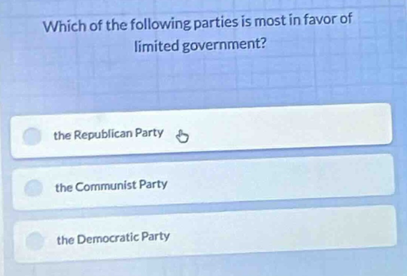 which of the following parties is most in favor of limited government? …