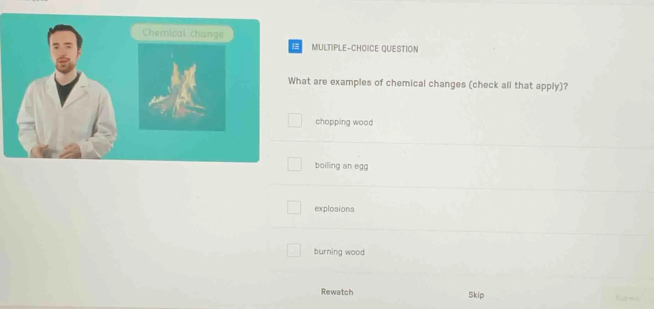 multiple-choice question what are examples of chemical changes (check a…
