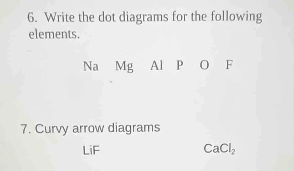 6. write the dot diagrams for the following elements. na mg al p o f 7.…