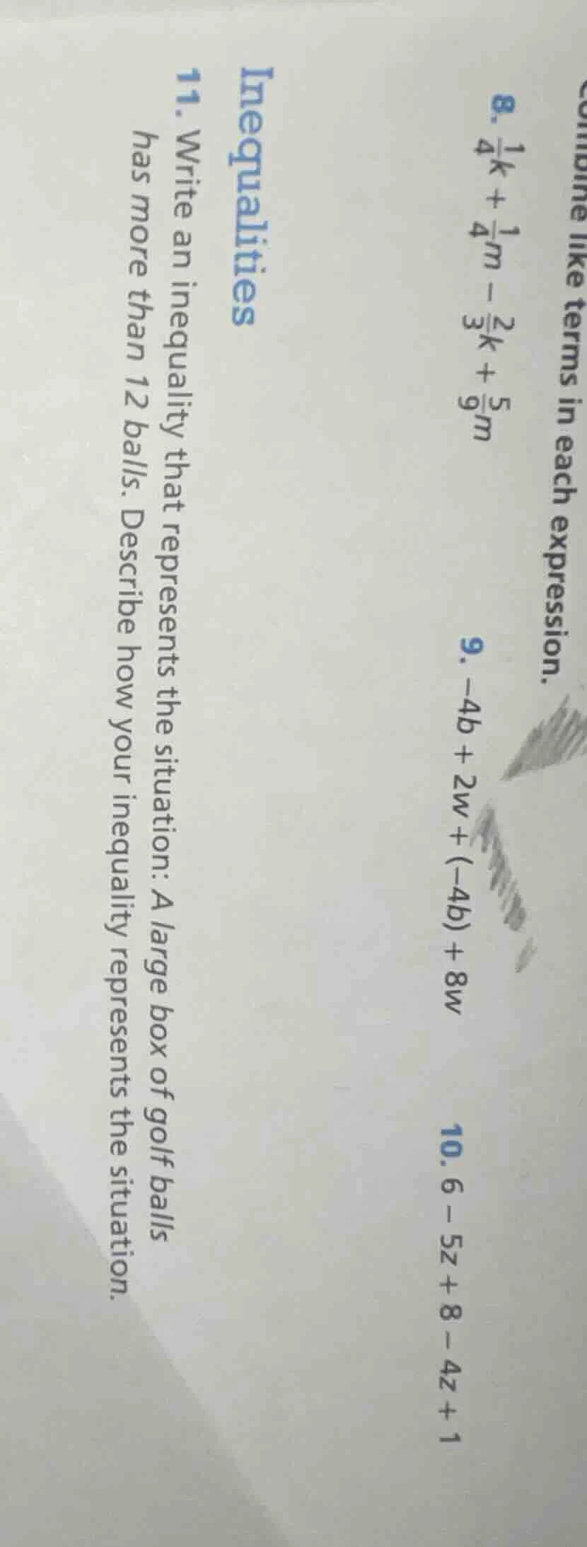 8. \\(\frac{1}{4}k + \frac{1}{4}m - \frac{2}{3}k + \frac{5}{9}m\\) 9. \…