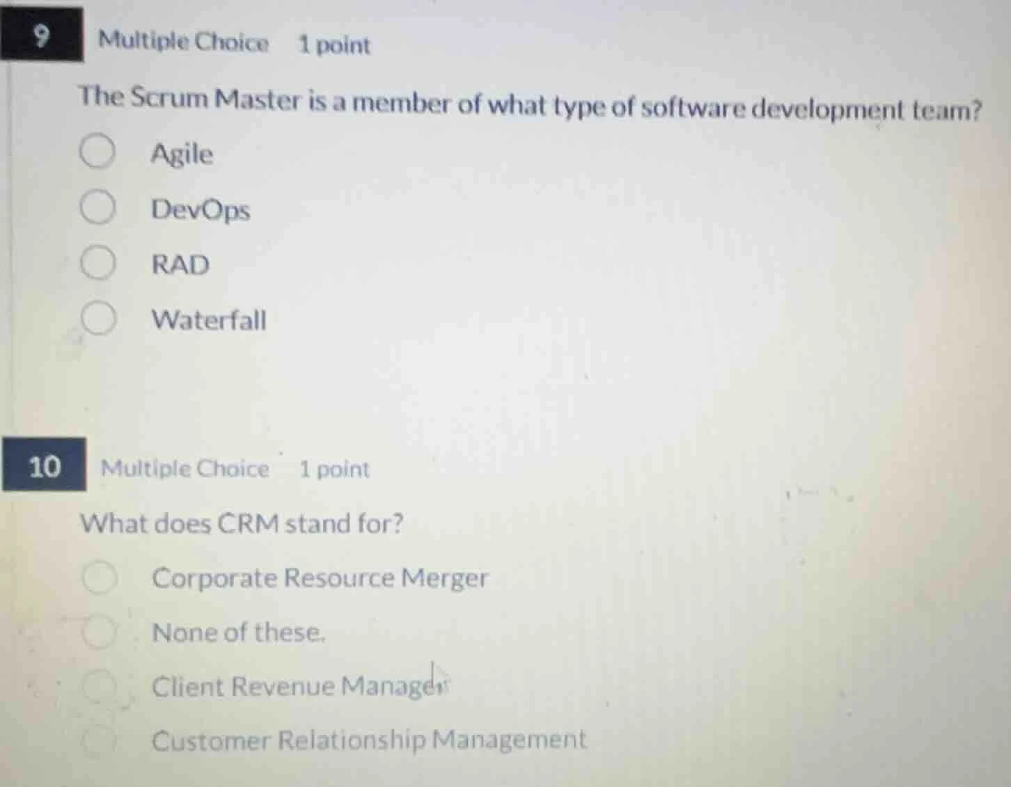 9 multiple choice 1 point the scrum master is a member of what type of …