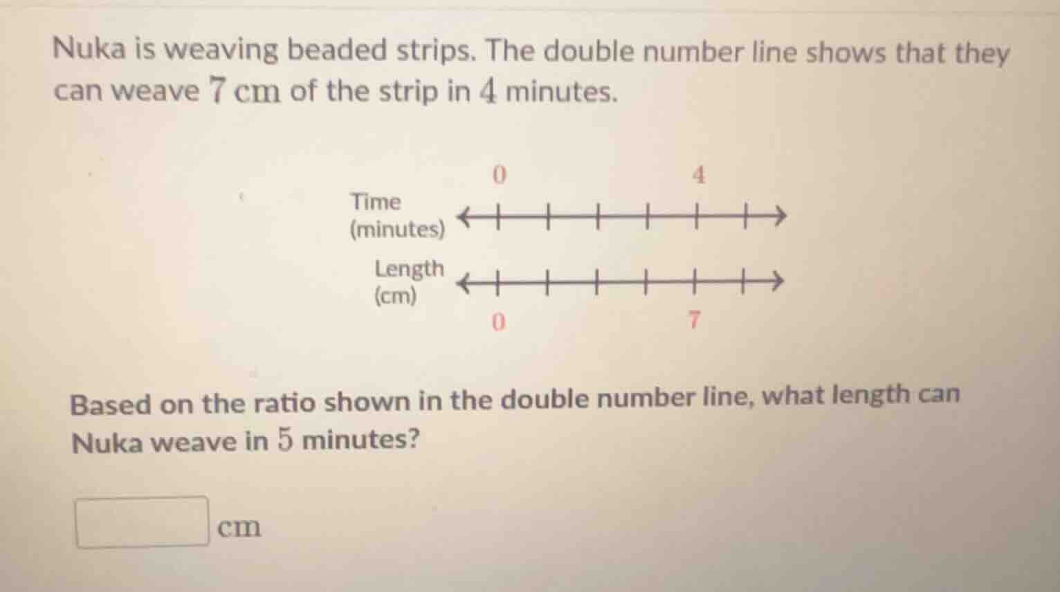 nuka is weaving beaded strips. the double number line shows that they c…