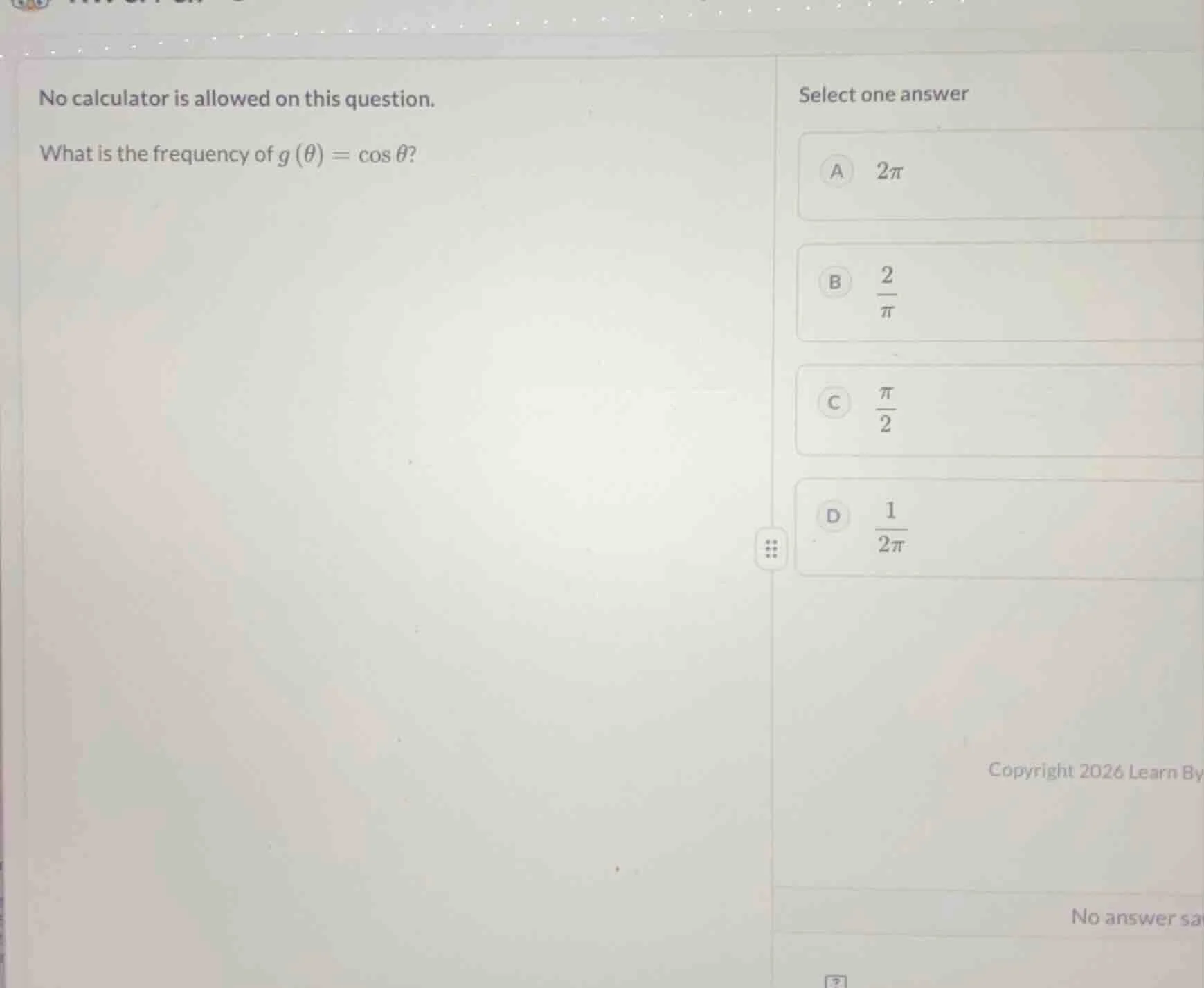 no calculator is allowed on this question. what is the frequency of $g(…