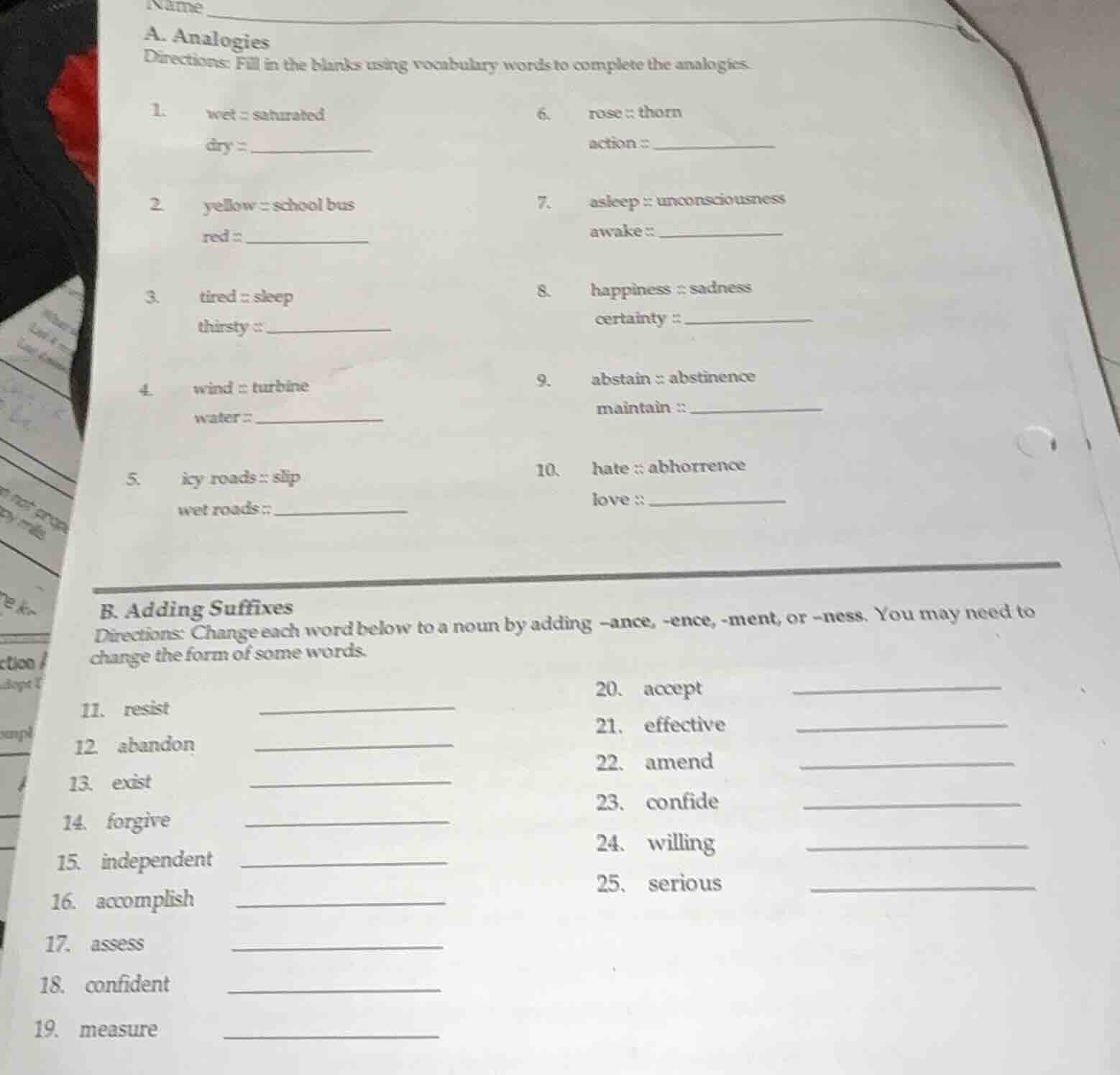 name a. analogies directions: fill in the blanks using vocabulary words…