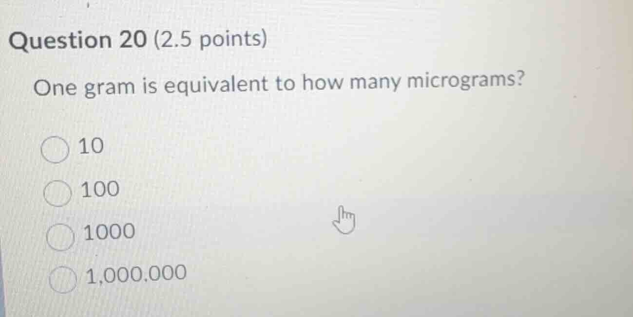 question 20 (2.5 points) one gram is equivalent to how many micrograms?…