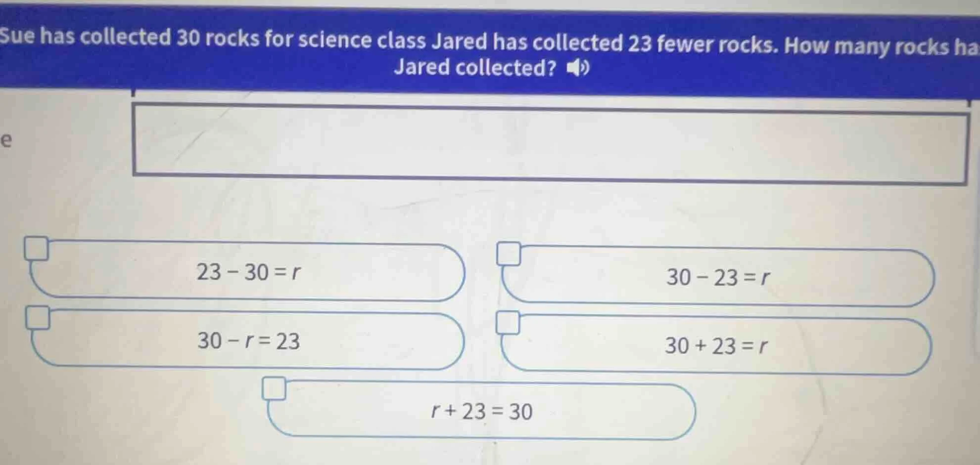sue has collected 30 rocks for science class jared has collected 23 few…