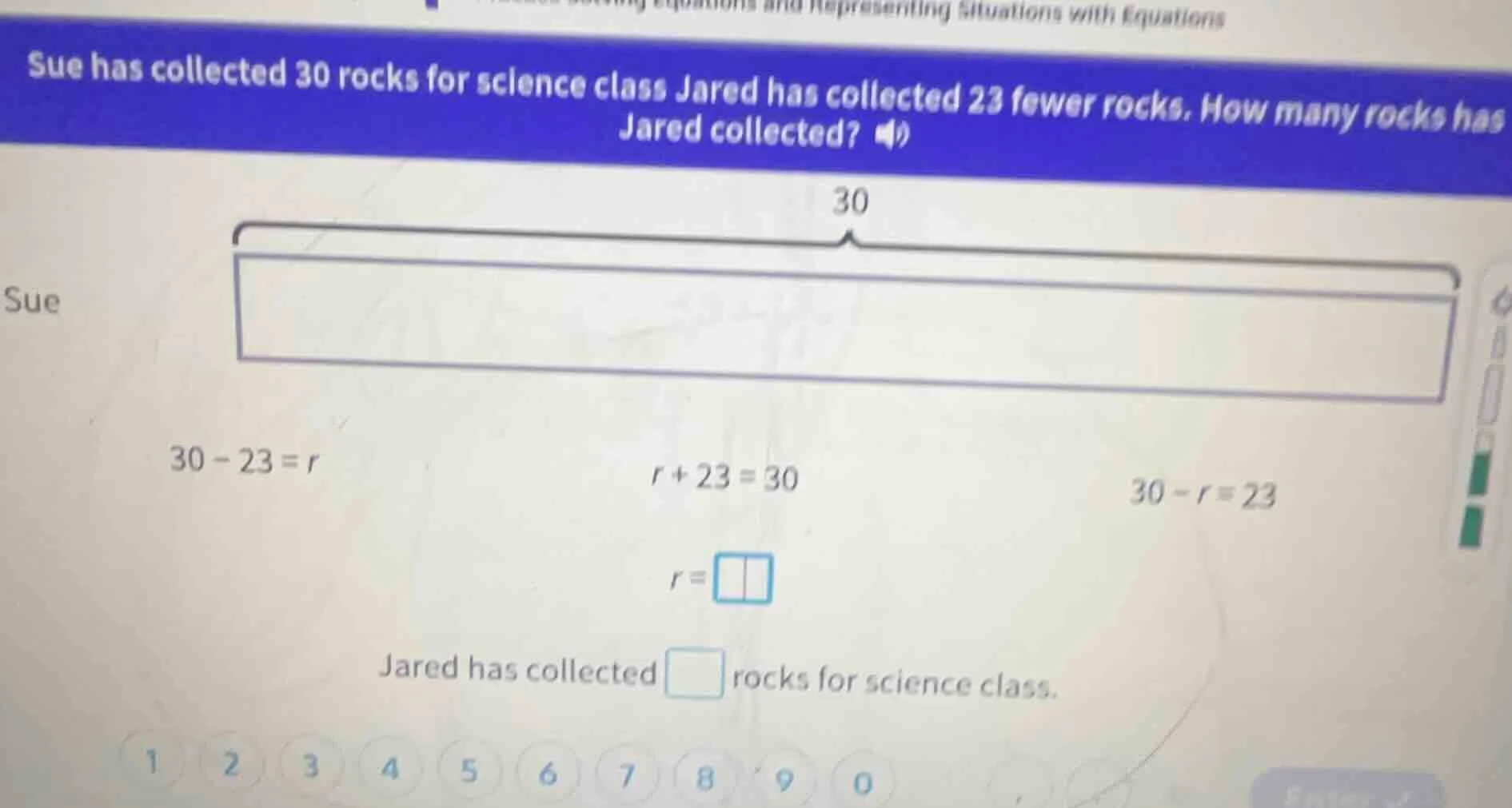 sue has collected 30 rocks for science class jared has collected 23 few…