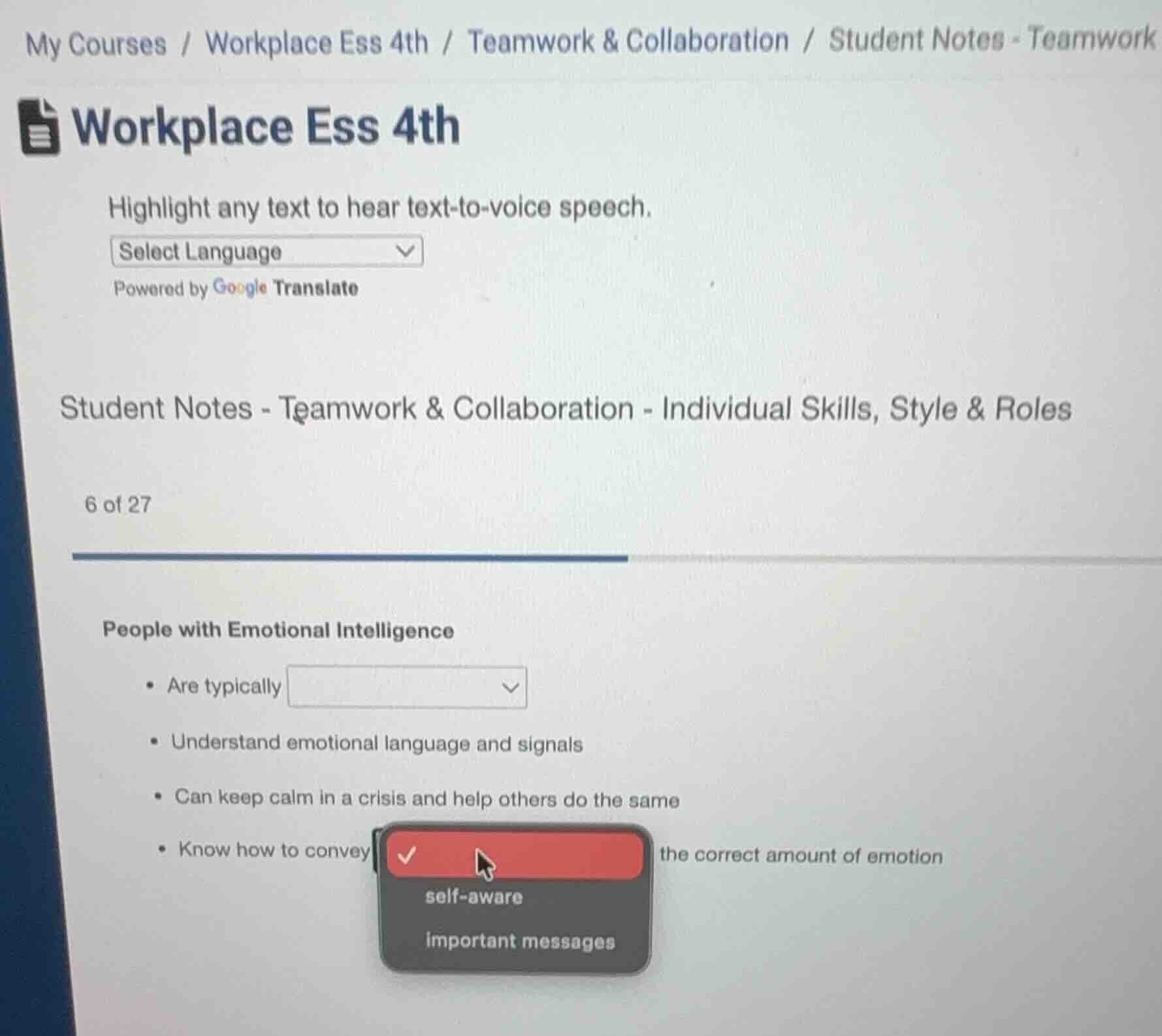 my courses / workplace ess 4th / teamwork & collaboration / student not…