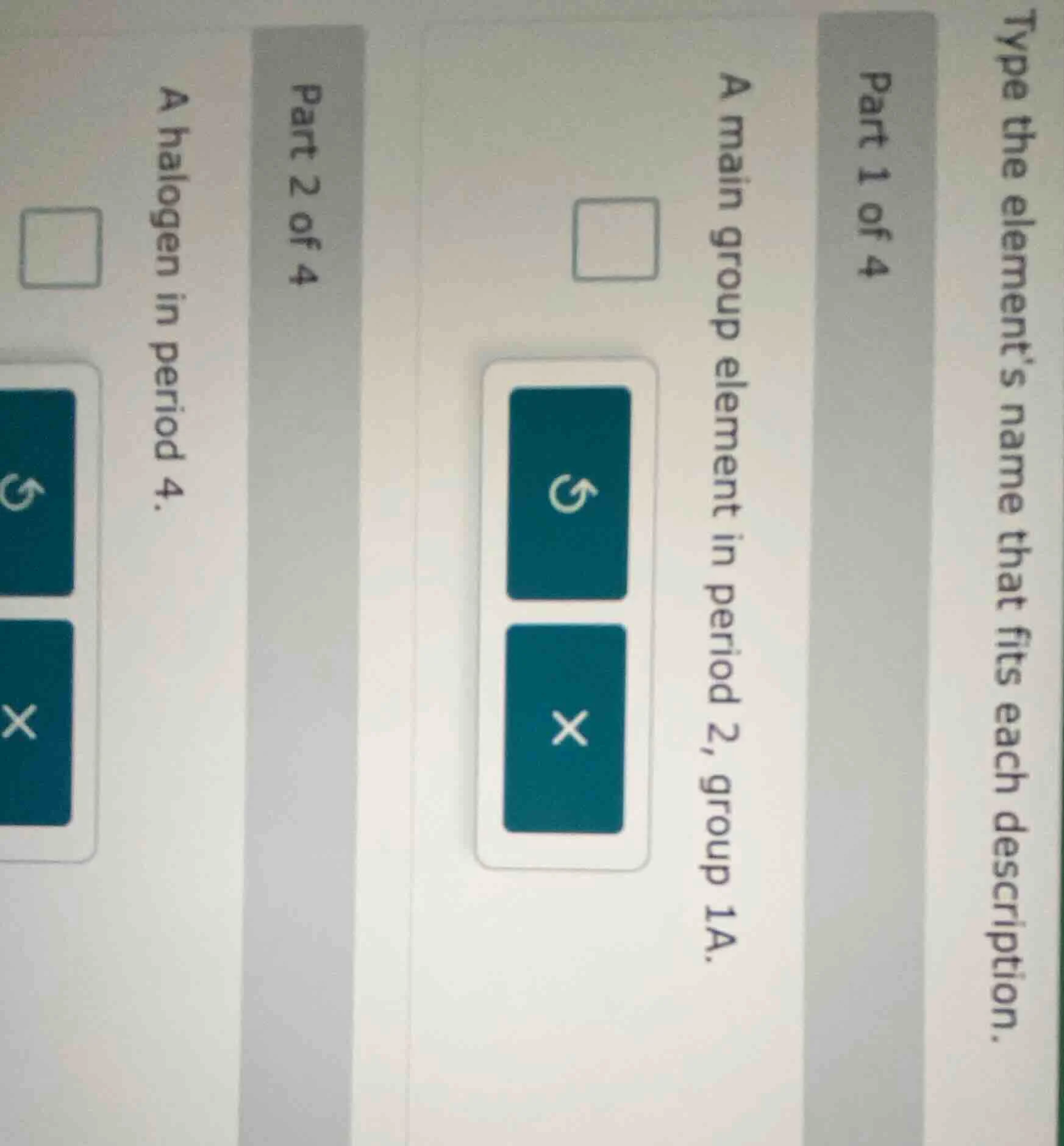 type the element’s name that fits each description. part 1 of 4 a main …