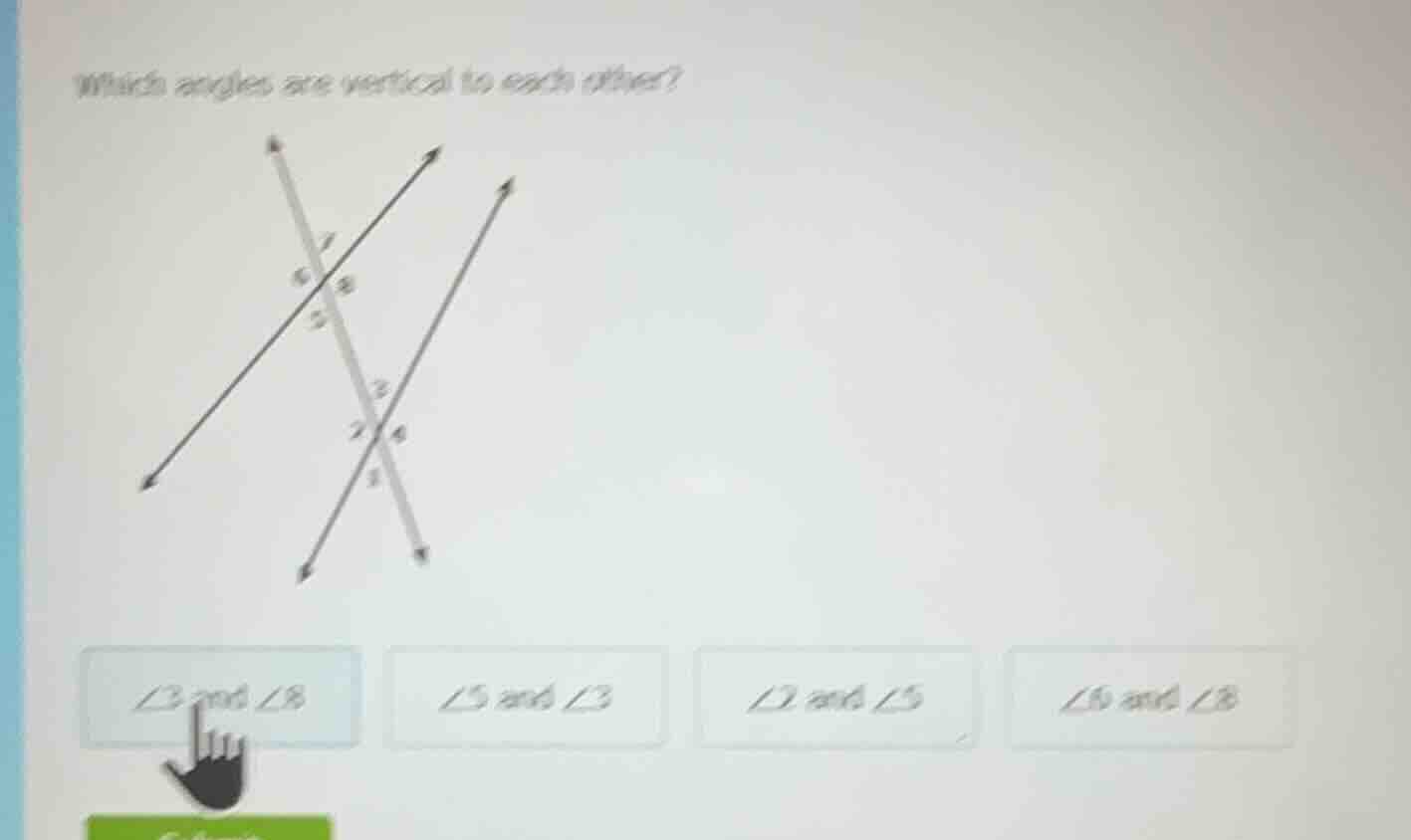 which angles are vertical to each other? image of intersecting lines wi…