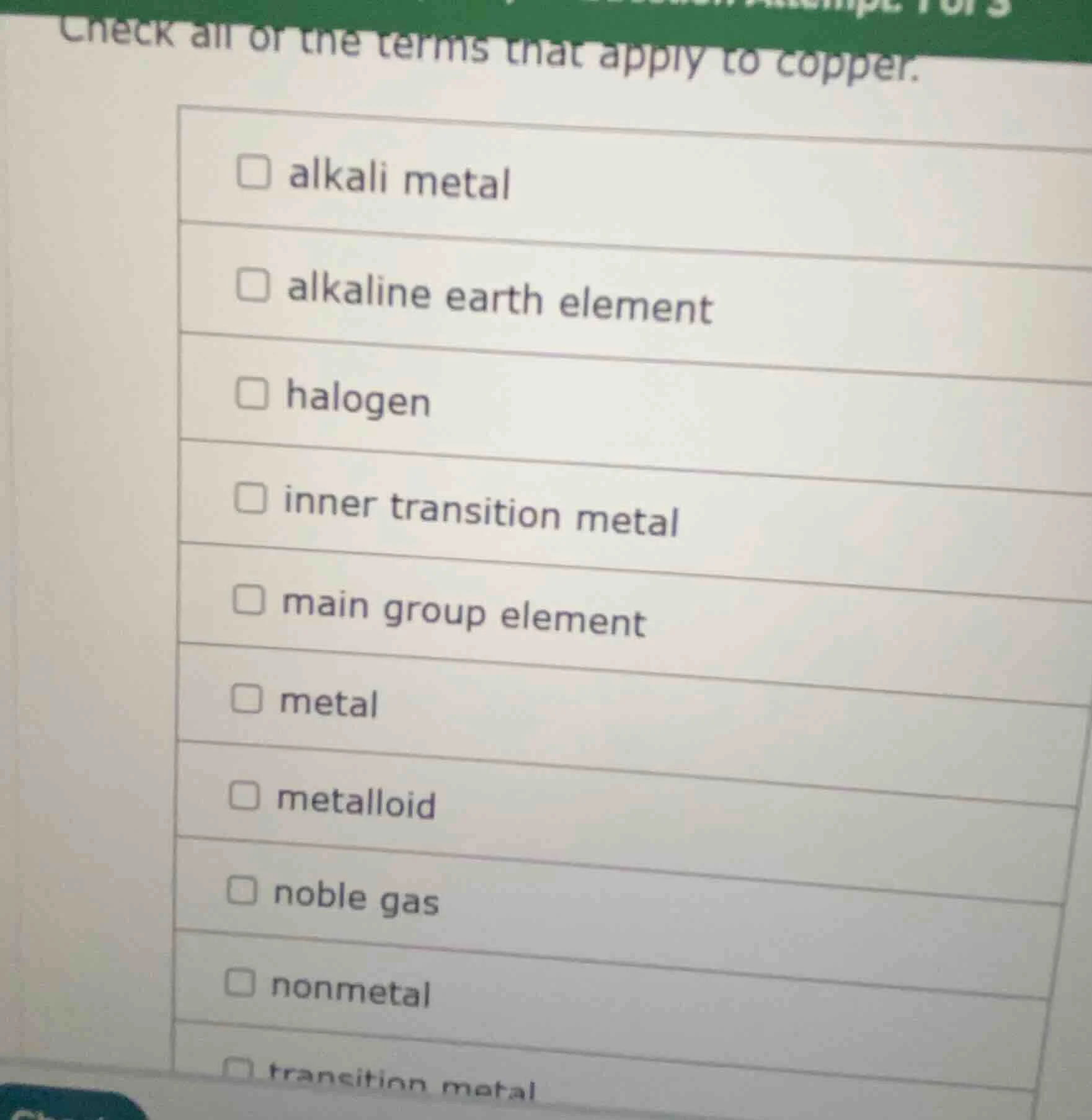 check all of the terms that apply to copper. ☐ alkali metal ☐ alkaline …