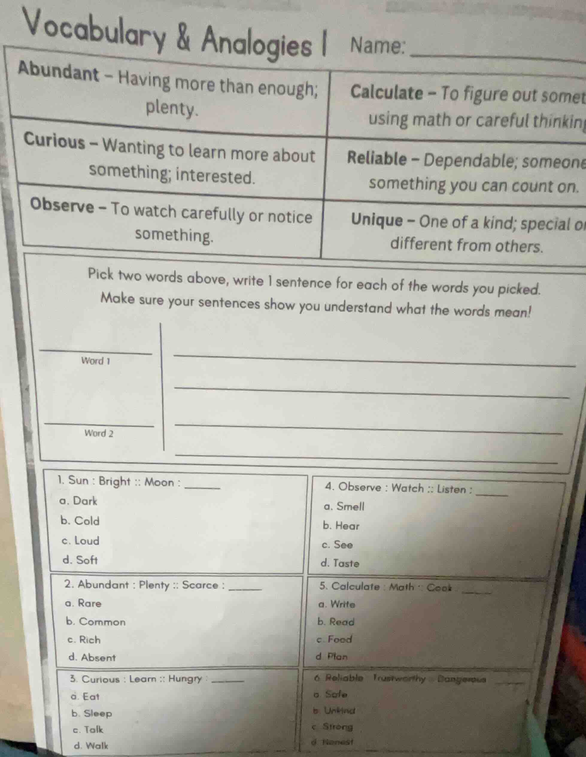 vocabulary & analogies i name: abundant – having more than enough; plen…