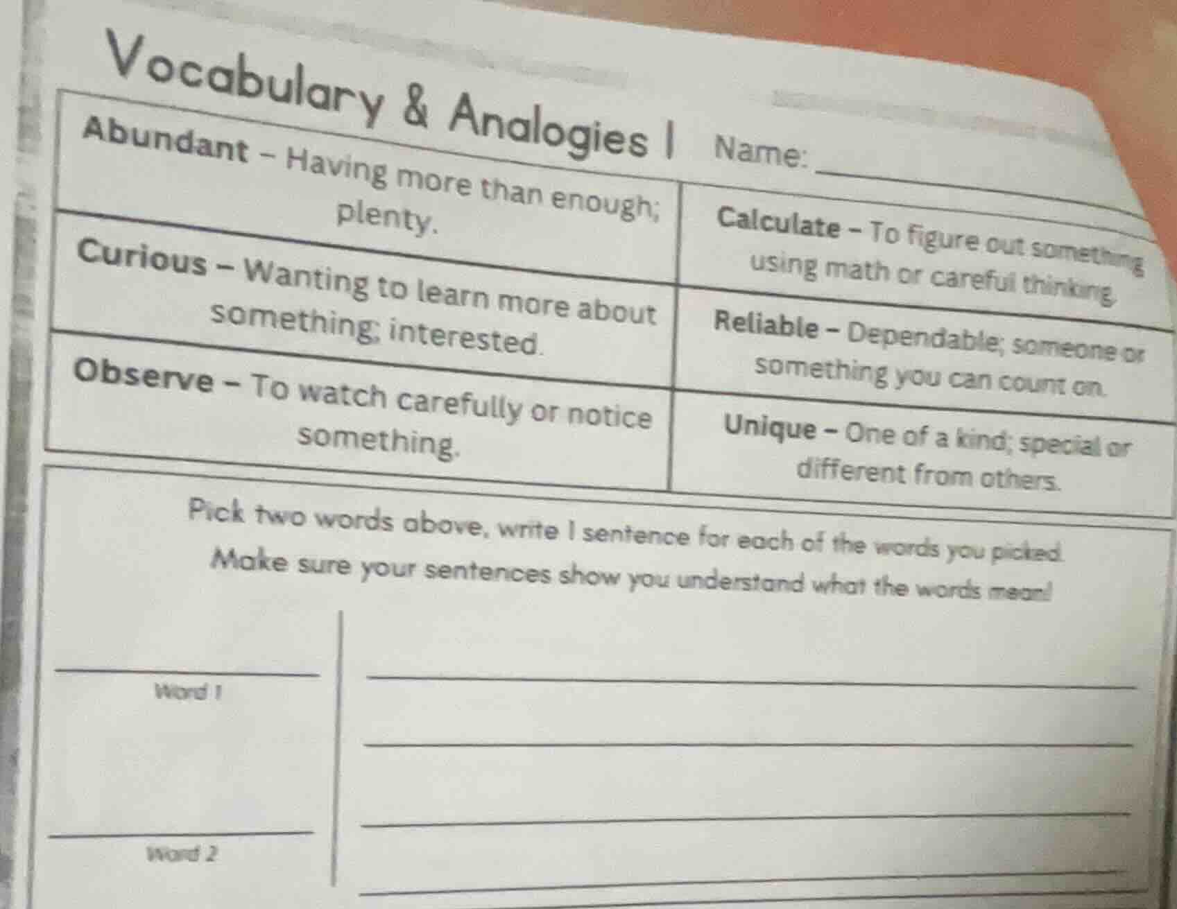 vocabulary & analogies | name: ______ abundant - having more than enoug…