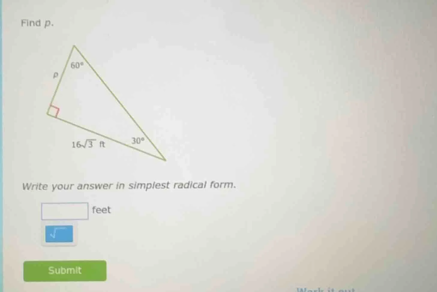 find p. right triangle with right angle, one angle 60°, one angle 30°, …