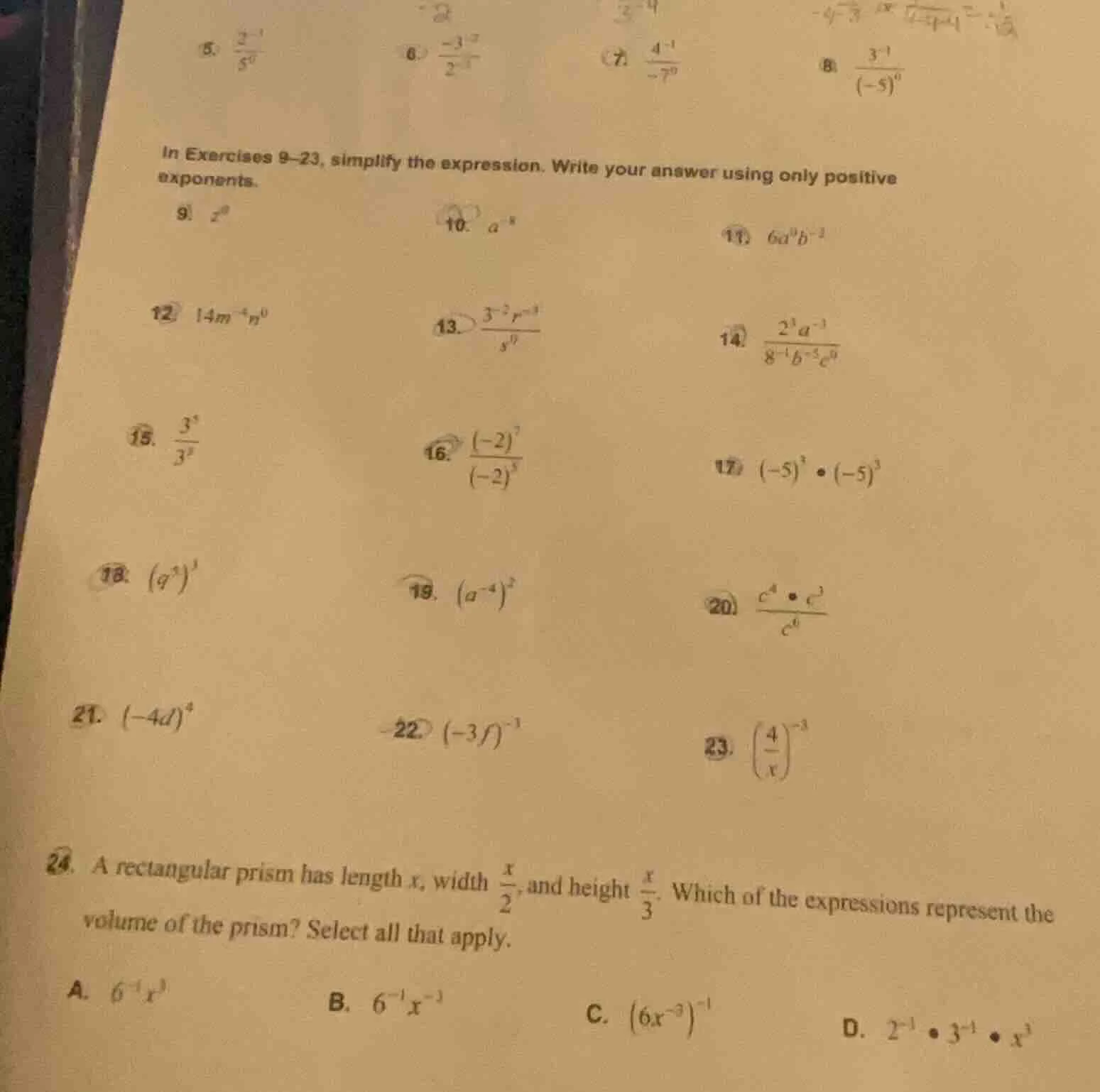 5. \\(\\frac{2^{-1}}{5^0}\\) 6. \\(\\frac{-3^{-2}}{2^{-1}}\\) 7. \\(\\f…