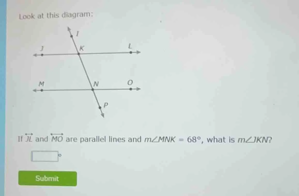 look at this diagram: diagram of two parallel lines jl and mo cut by a …