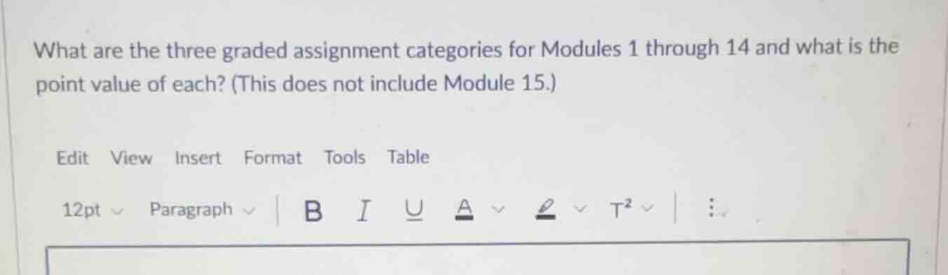 what are the three graded assignment categories for modules 1 through 1…