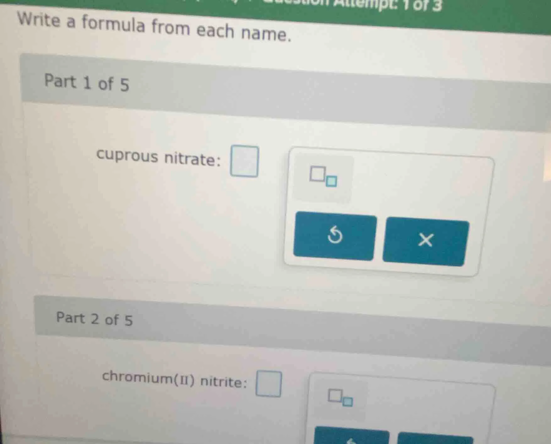 write a formula from each name. part 1 of 5 cuprous nitrate: part 2 of …