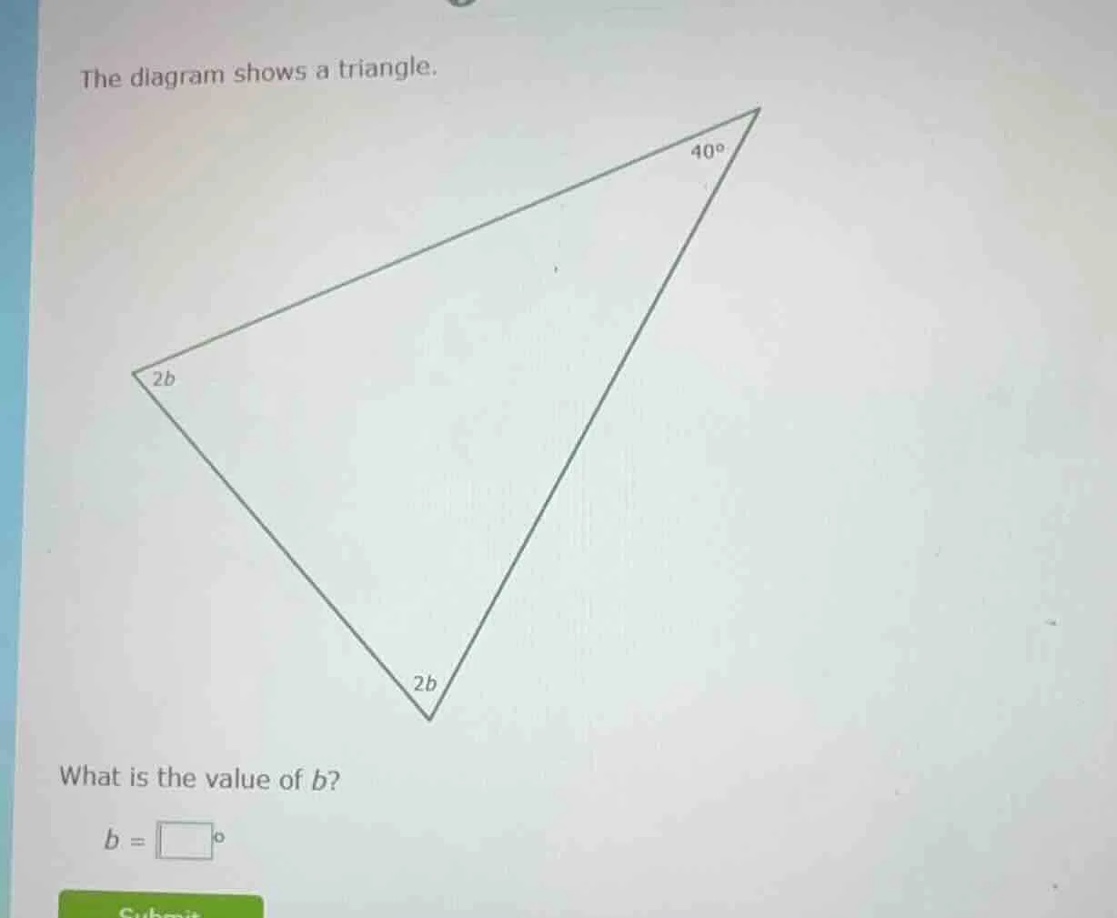 the diagram shows a triangle. what is the value of ( b )? ( b = square^…