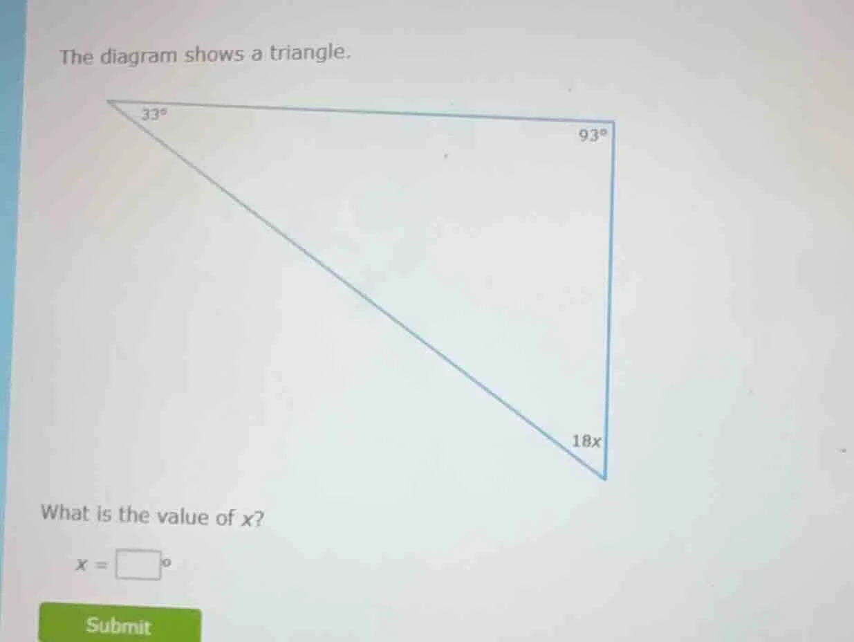 the diagram shows a triangle. what is the value of x? x = \\square^\\ci…