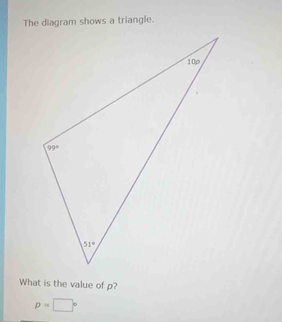 the diagram shows a triangle. what is the value of p? p = \\boxed{\\cir…