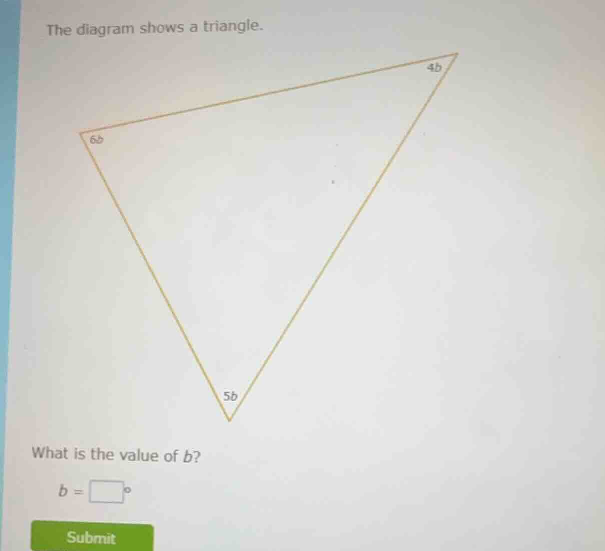 the diagram shows a triangle. what is the value of ( b )? ( b = square^…