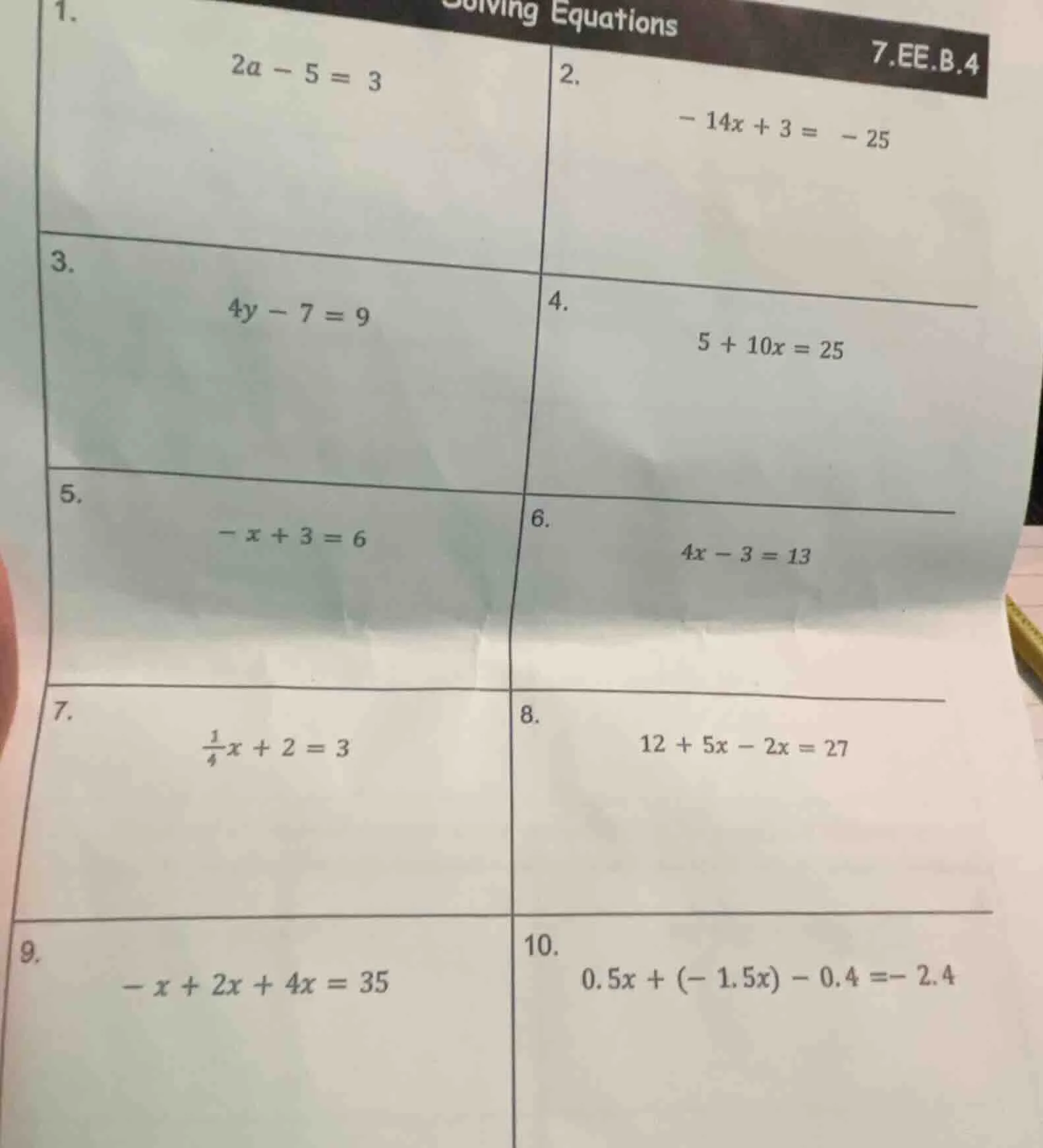 1. solving equations 7.ee.b.4 2a - 5 = 3 2. - 14x + 3 = - 25 3. 4y - 7 …