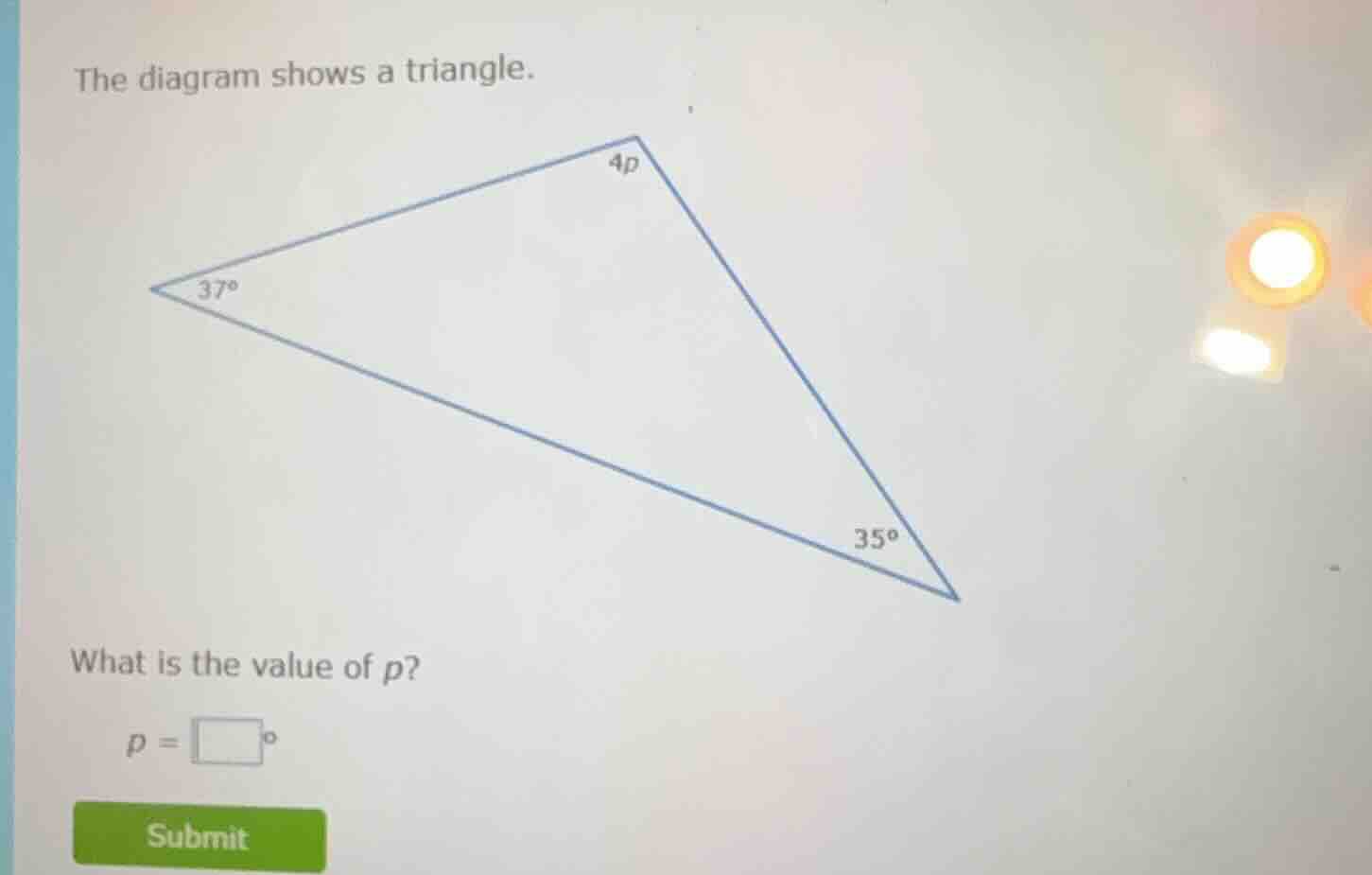 the diagram shows a triangle. what is the value of ( p )? ( p = square^…