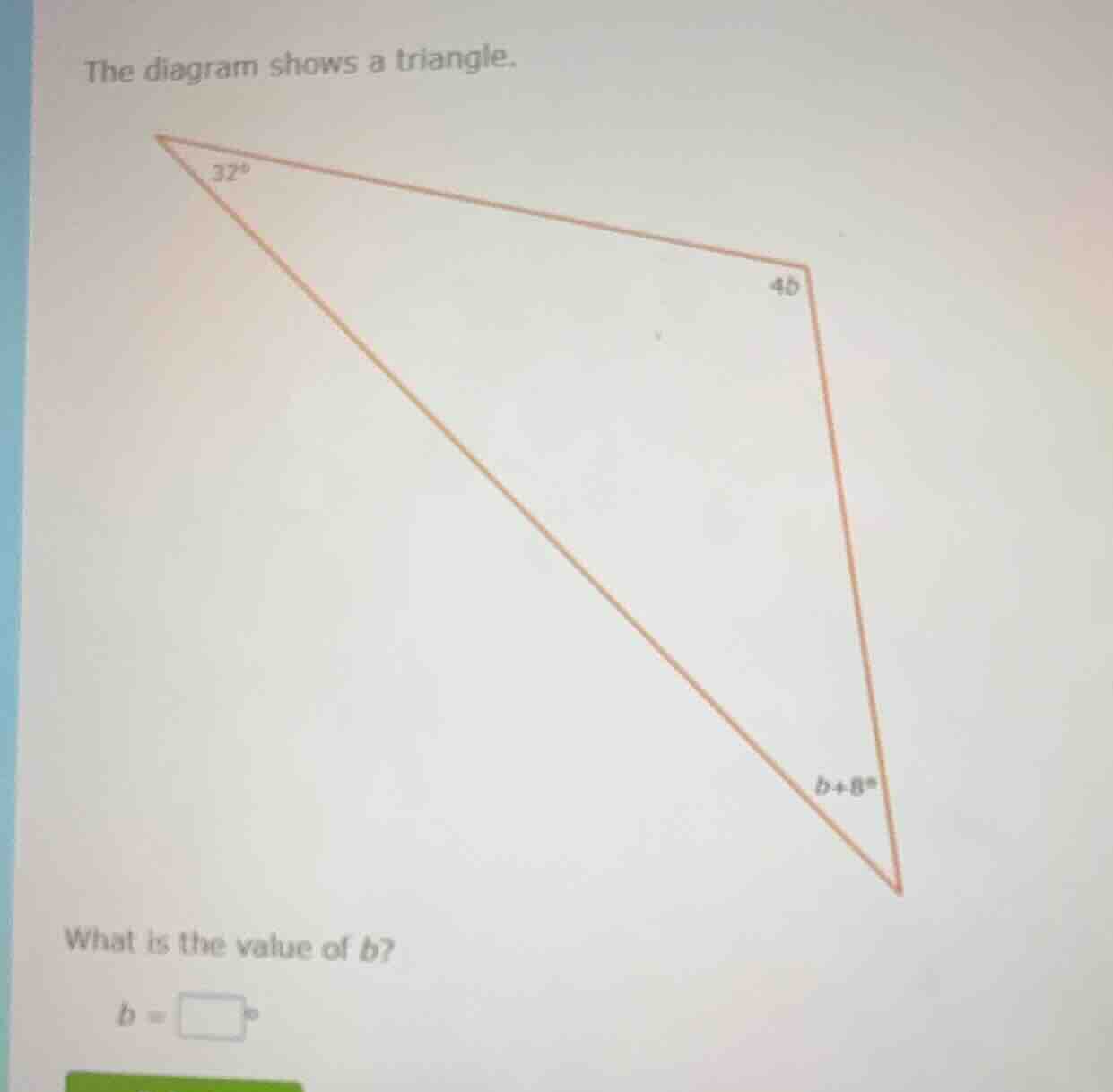 the diagram shows a triangle. what is the value of ( b )? ( b = square^…