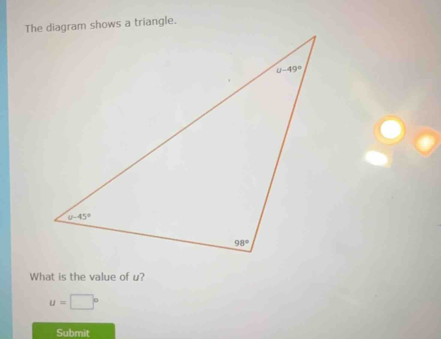 the diagram shows a triangle. what is the value of ( u )? ( u = square^…