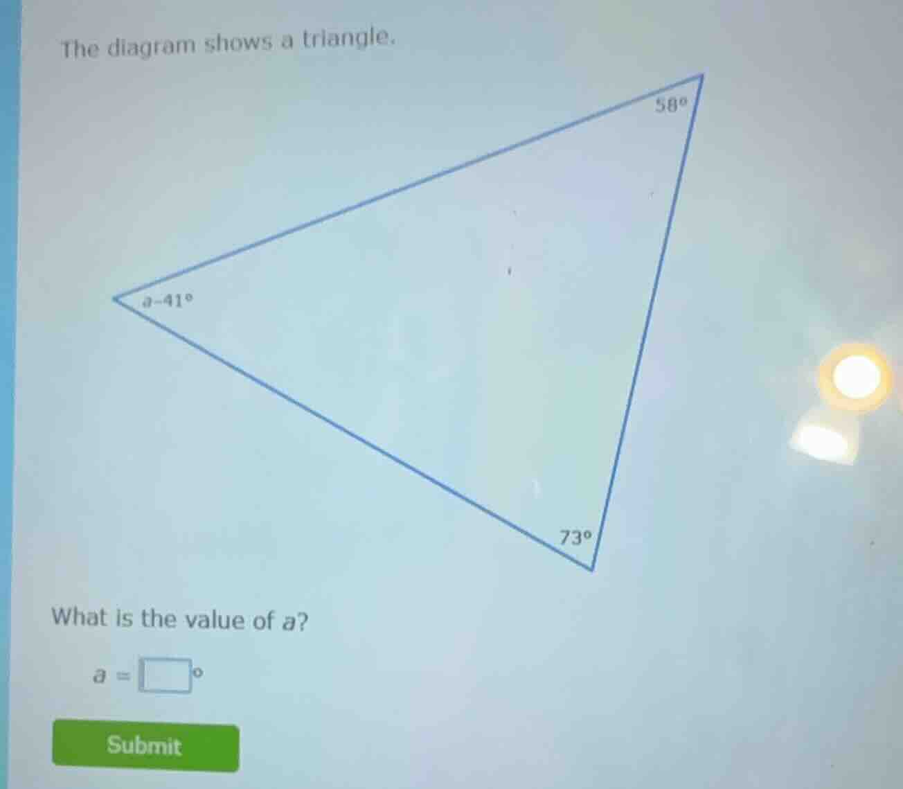 the diagram shows a triangle. what is the value of a? a = \\square^\\ci…
