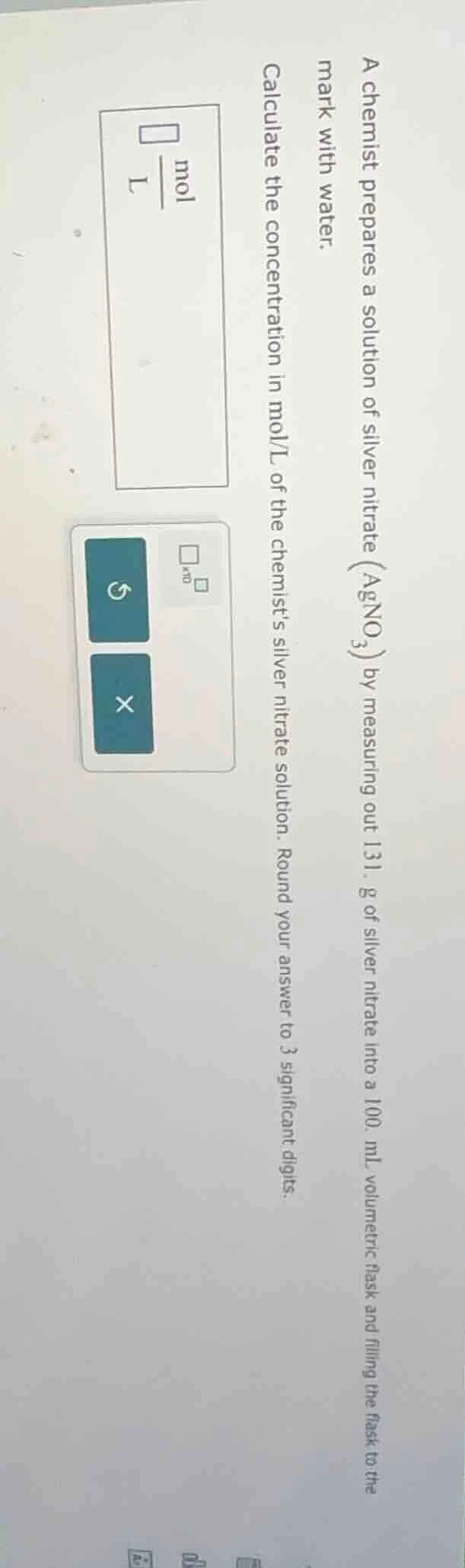 a chemist prepares a solution of silver nitrate ($\\ce{agno_3}$) by mea…