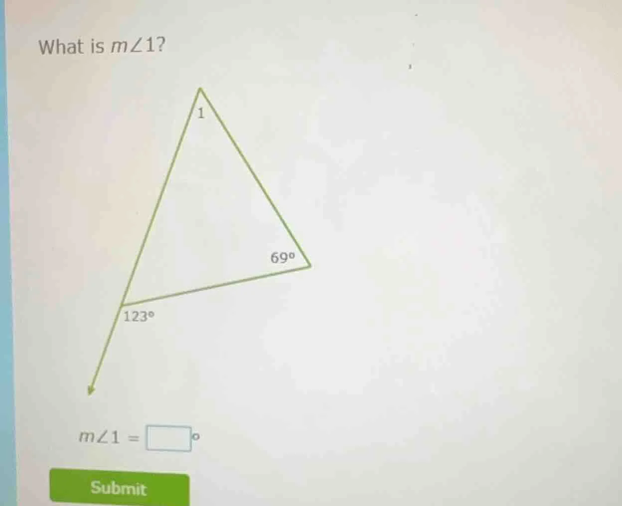 what is $m\\angle 1$? triangle with angle 1 at top, 69° at bottom right…