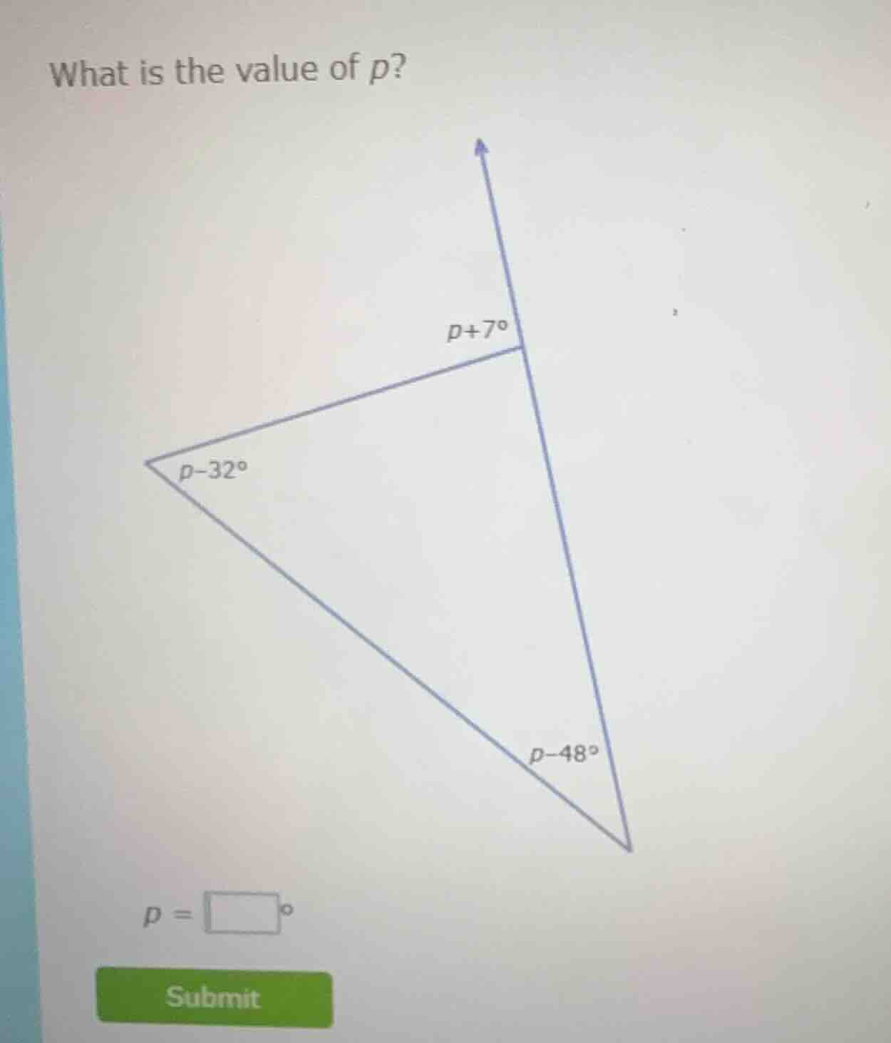 what is the value of $p$? there is a triangle and an exterior angle. on…