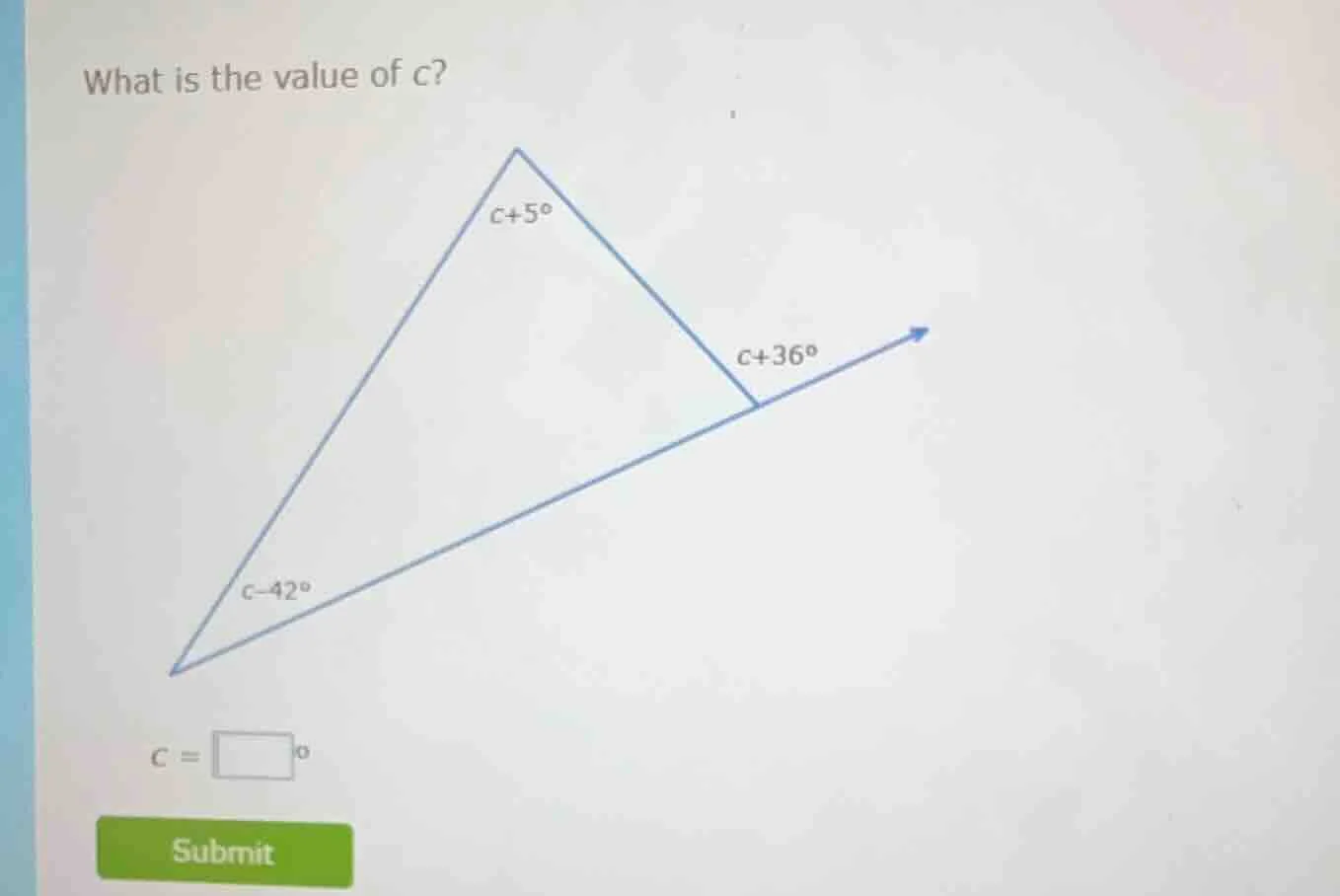 what is the value of c? there is a triangle with angles labeled as $c +…