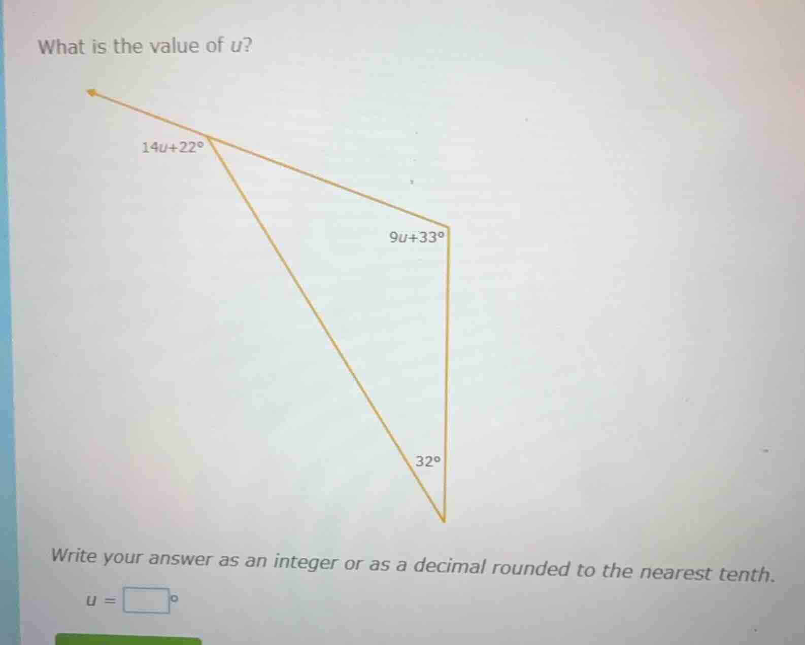 what is the value of u? 14u+22° 9u+33° 32° write your answer as an inte…