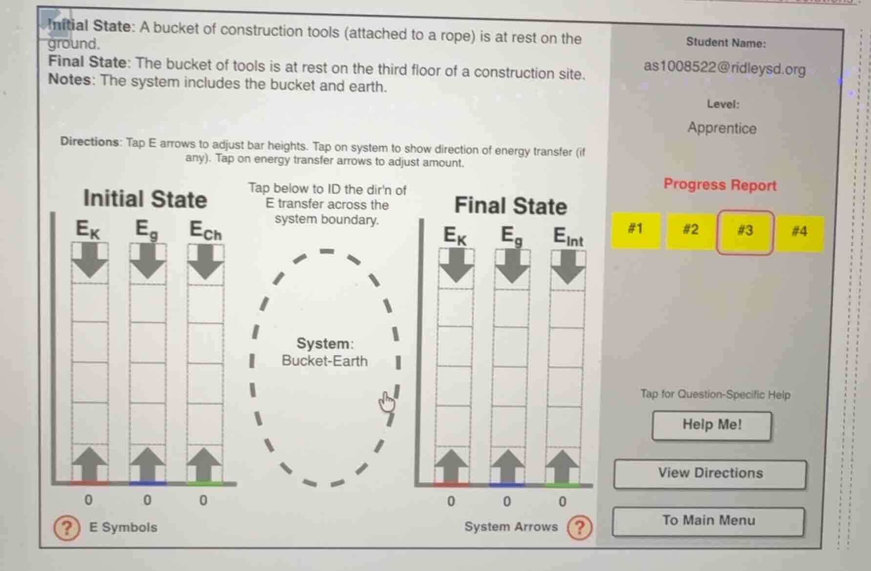 initial state: a bucket of construction tools (attached to a rope) is a…