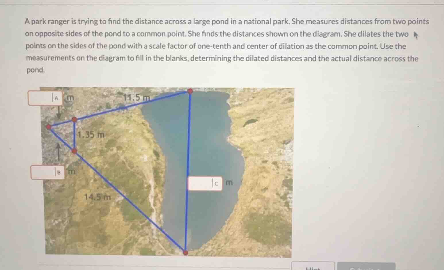 a park ranger is trying to find the distance across a large pond in a n…
