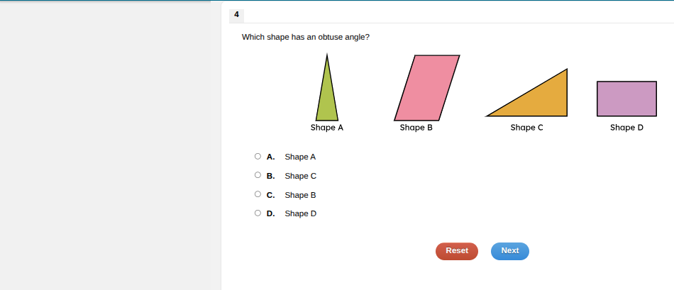 4 which shape has an obtuse angle? shape a shape b shape c shape d a. s…